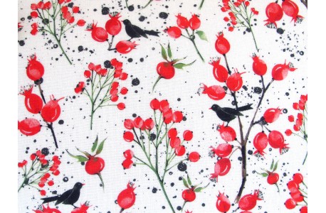 Baumwollstoff Hagebutten Vögel acufactum