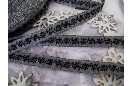 Webband Blumen schwarz grau