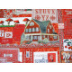 Patchworkstoff Baumwolle Blumen Vögel Häuser Junk Journal Tags Label Vintage rot Curated in Color