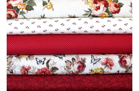 Stoffpaket Baumwolle Blumen Rosen Schmetterlinge rot creme 75062