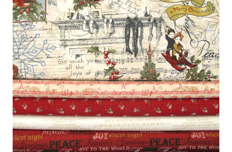 Stoffpaket Weihnachtstoffe rot creme Noten Blumen Ilex Schrift Text 75072