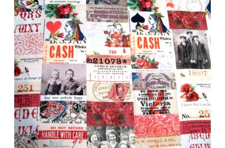 Patchworkstoff Tim Holtz Vintage Baumwolle Junk Journal Blumen Fotos Tickets Schrift Text