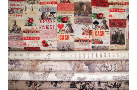 Patchwork Stoffpaket Tim Holtz Eclectic Rosen Blumen Zahlen Bilder Label Wörter Schmetterlinge Motten 75019