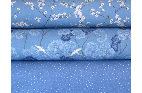 Stoffpaket Baumwolle Kirschblüten blau Westfalenstoffe japanisch Punkte Schwalben Vögel Blumen 73001