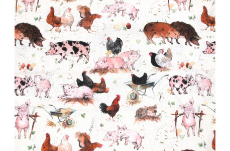 Tierstoff Sophia Drescher Baumwolle Patchwork Schweine Hühner acufactum