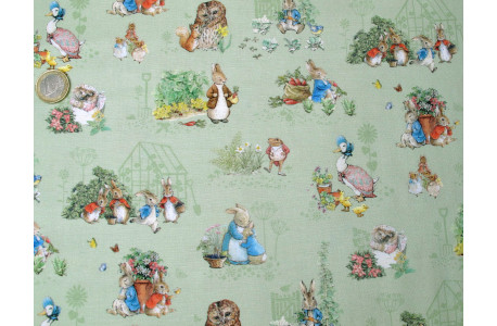 Patchworkstoff Peter Hase grün Baumwolle Stoff Kinderstoff Tiere Maus Igel Fuchs Gans
