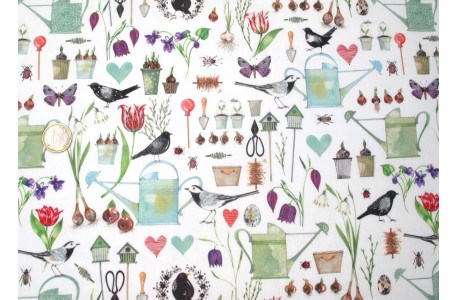 Baumwollstoff Kerstin Heß Garten Blumen Tiere Vögel acufactum