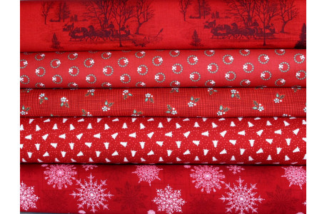 Stoffpaket Weihnachtstoffe rot Eiskristalle Baumwolle Stoffe Tannen Ilex Blumen 75090