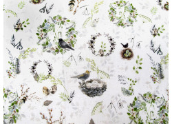 Stoff acufactum Frühlingskränze Baumwolle Vögel Blätter Blumen Vogeleier