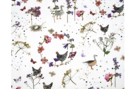 acufactum Baumwollstoff Hühner Gänse Tiere Landhausromantik Kerstin Heß Blumen Frühling