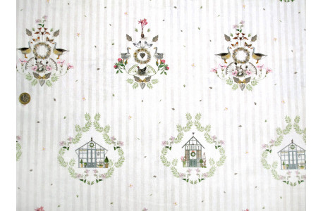 Stoff acufactum Landhausornamente Tiere Hühner Blumen Gänse Baumwolle Ostern Frühling Kerstin Heß