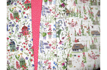 Stoffpaket Baumwolle acufactum Kinder Blumen Garten Häuser Stoffe