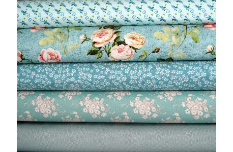 Patchwork Stoffpaket Blumenstoffe Rosen Baumwolle Pünktchen türkis 75017