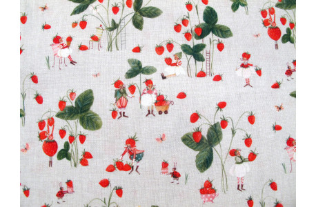 Baumwollstoff acufactum Erdbeerernte Wichtel Elfen Erdbeeren Früchte Silke Leffler Sommerstoff