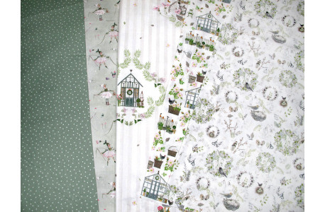 Patchwork Stoffpaket acufactum Hühner Vögel Gänse Garten Gewächshäuser Punkte Ornamente Frühling 75067